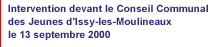 Intervention devant le Conseil Communal des Jeunes d'Issy-les-Moulineaux le 13 septembre 2000